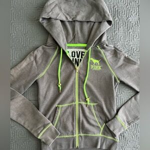 PINK Victoria Secret Limited Edition Gray and Neon Green Full Zip Hoodie